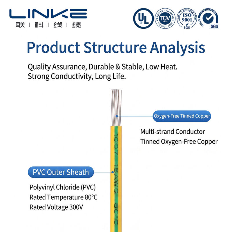 UL1007 Electronic Hook-Up Wire with Tinned Copper Conductor 300V Rated and Customizable PVC Sheath
